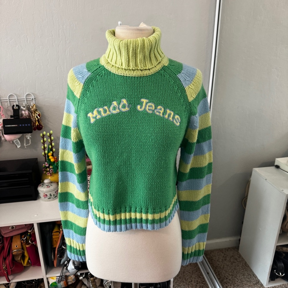Y2K Mudd Jeans Green Striped Turtleneck Sweater